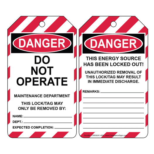 OSHA DANGER Do Not Operate Maintenance Department Safety Tag CS858241