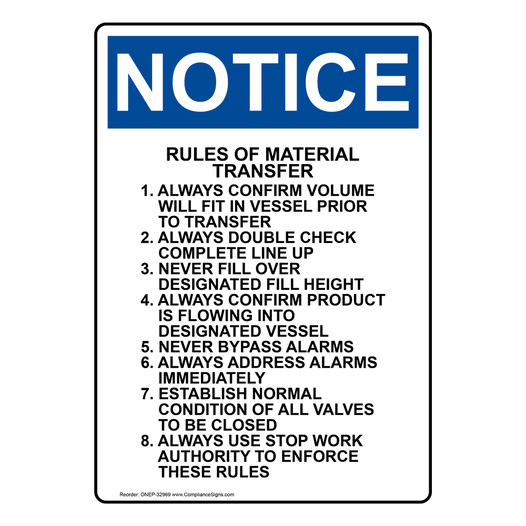 Portrait OSHA NOTICE Rules Of Material Transfer 1. Sign ONEP-32969