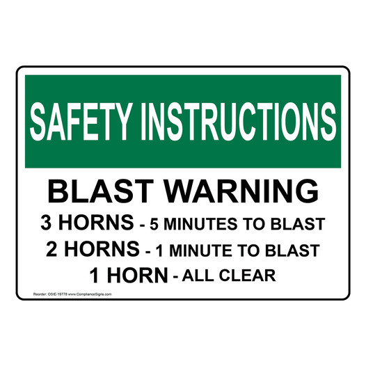 OSHA SAFETY INSTRUCTIONS Blast Warning 3 Horns - 5 Minutes To Blast Sign OSIE-19778