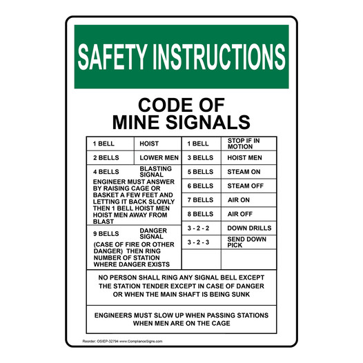 Portrait OSHA SAFETY INSTRUCTIONS Code Of Mine Signals 1 Bell Hoist Sign OSIEP-32794