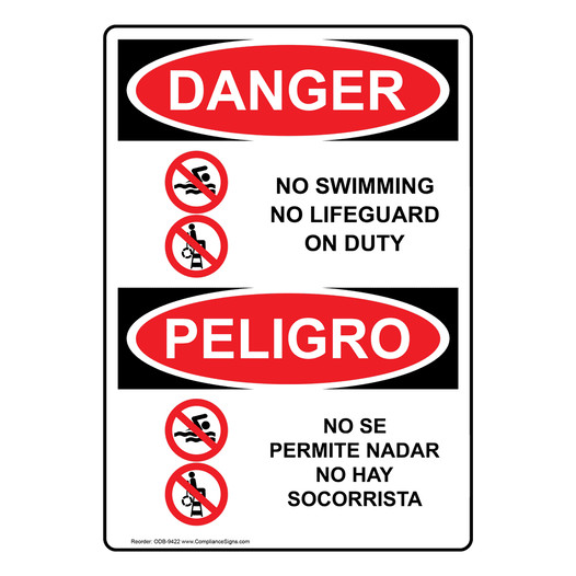 English + Spanish OSHA DANGER No Swimming No Lifeguard On Duty Sign With Symbol ODB-9422