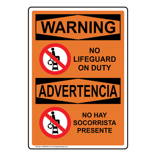 English + Spanish OSHA WARNING No Lifeguard On Duty Sign With Symbol OWB-9424
