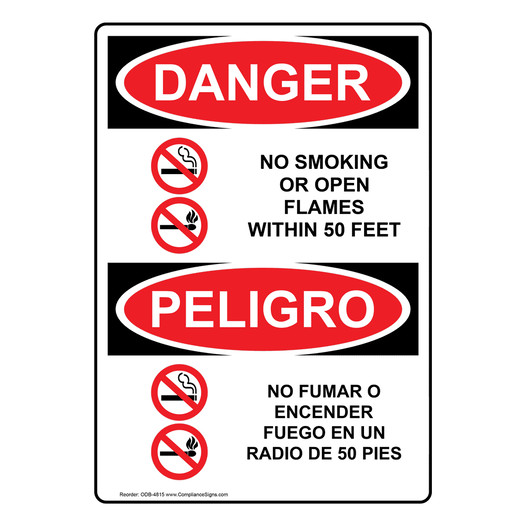 English + Spanish OSHA DANGER No Smoking Or Open Flames 50 Feet Sign With Symbol ODB-4815