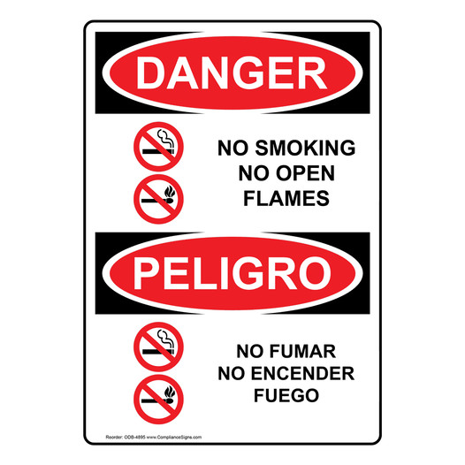 English + Spanish OSHA DANGER No Smoking No Open Flames Sign With Symbol ODB-4895