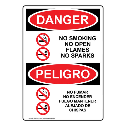 English + Spanish OSHA DANGER No Smoking Open Flames Sparks Sign With Symbol ODB-4900