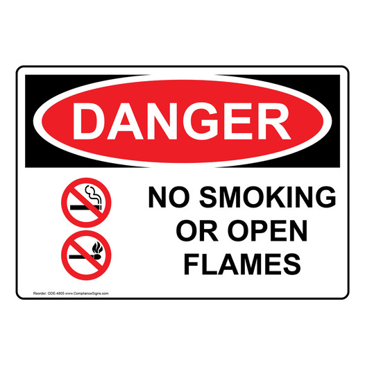OSHA DANGER No Smoking Or Open Flames Sign With Symbol ODE-4805