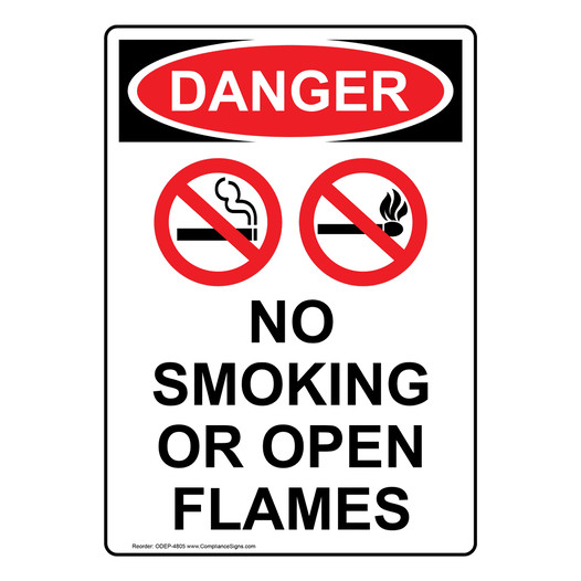 Portrait OSHA DANGER No Smoking Or Open Flames Sign With Symbol ODEP-4805