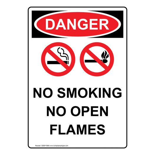 Portrait OSHA DANGER No Smoking No Open Flames Sign With Symbol ODEP-4895