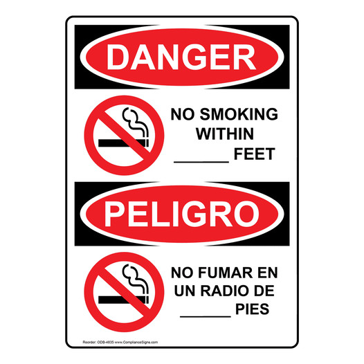 English + Spanish OSHA DANGER No Smoking Within X Feet Sign With Symbol ODB-4835