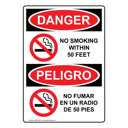 English + Spanish OSHA DANGER No Smoking Within 50 Feet Sign With Symbol ODB-4840