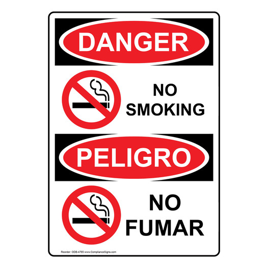 English + Spanish OSHA DANGER No Smoking Sign With Symbol