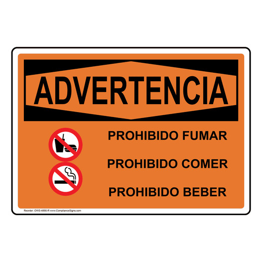 Spanish OSHA WARNING No Smoking No Eating No Drinking Sign With Symbol - OWS-4890-R