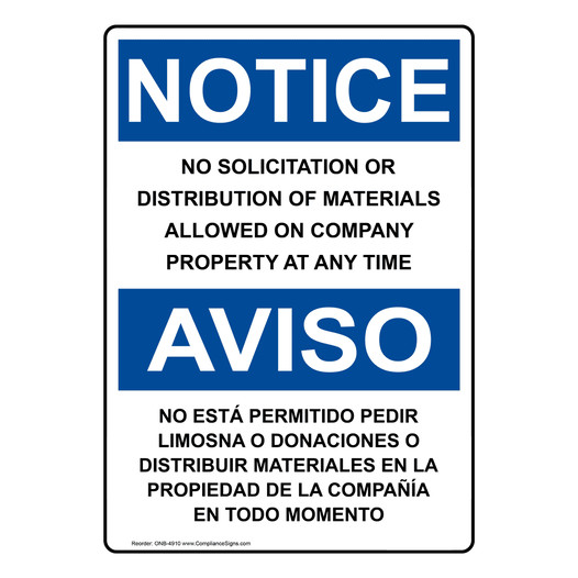 English + Spanish OSHA NOTICE No Solicitation Or Distribution Sign ONB-4910