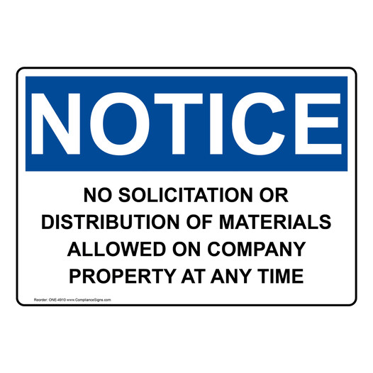 OSHA NOTICE No Solicitation Or Distribution Sign ONE-4910