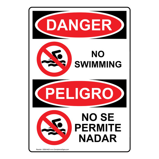 English + Spanish OSHA DANGER No Swimming Sign With Symbol ODB-9420