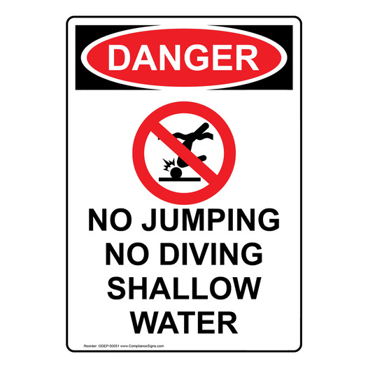 Portrait OSHA DANGER NO JUMPING NO DIVING Sign with Symbol ODEP-50051