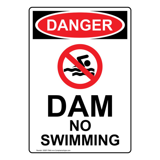 Portrait OSHA DANGER Dam No Swimming Sign With Symbol ODEP-7988