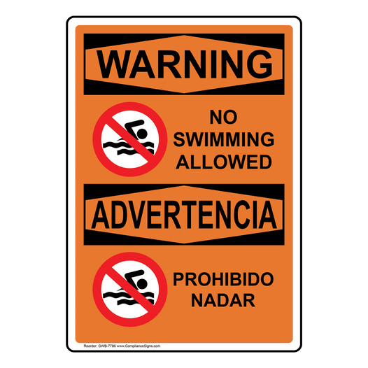English + Spanish OSHA WARNING No Swimming Allowed Sign With Symbol OWB-7786
