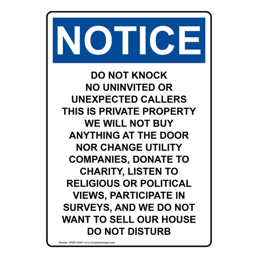 Portrait OSHA NOTICE Do Not Knock No Uninvited Or Unexpected Sign ONEP-34647