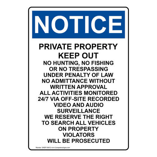 Portrait OSHA NOTICE Private Property Keep Out No Hunting Sign ONEP-34872