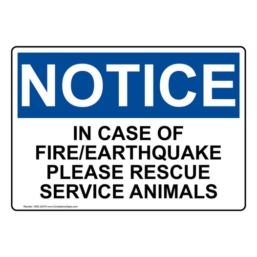 OSHA NOTICE In Case Of Fire/Earthquake Please Rescue Sign ONE-34079
