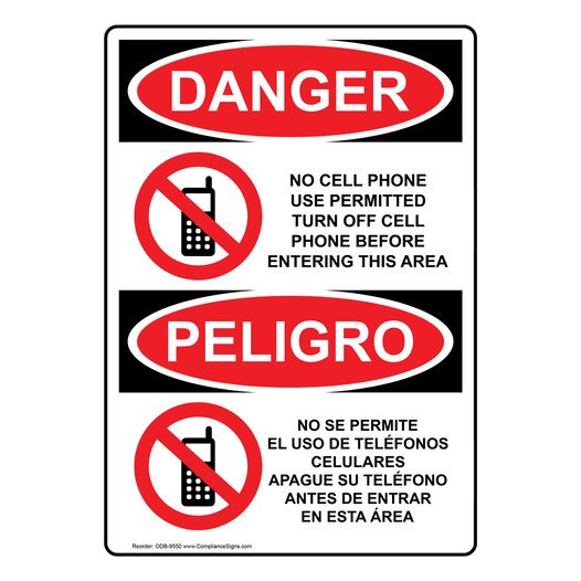 English + Spanish OSHA DANGER No Cell Phone Use In Area Sign With Symbol ODB-9550