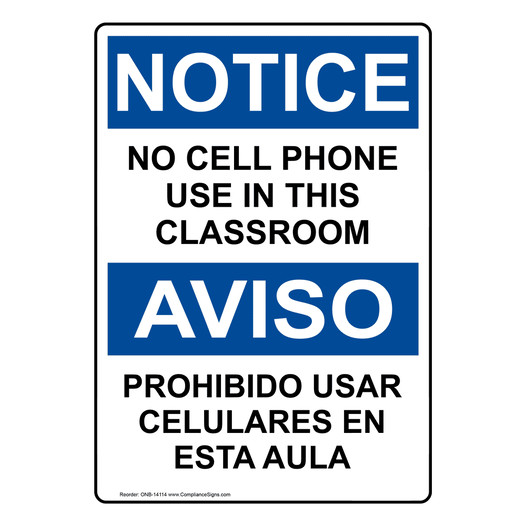 Vertical No Cell Phone In Classroom Bilingual Sign Osha Notice 