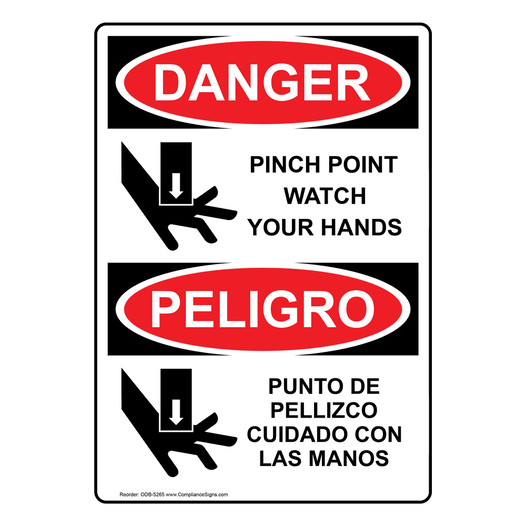English + Spanish OSHA DANGER Pinch Point Watch Your Hands Sign With Symbol ODB-5265