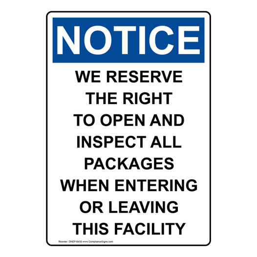 Portrait OSHA NOTICE Right To Open And Inspect All Packages Sign ONEP-6455