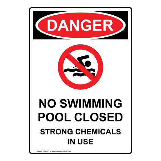 Portrait OSHA DANGER No Swimming Pool Closed Sign With Symbol ODEP-7754