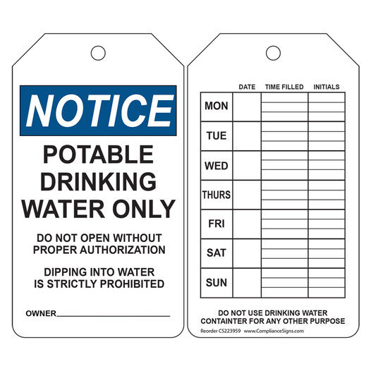 OSHA NOTICE Potable Drinking Water Only Safety Tag CS223959
