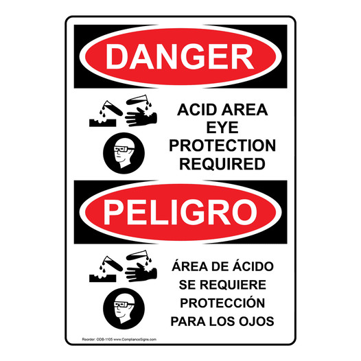 English + Spanish OSHA DANGER Acid Area Eye Protection Required Sign With Symbol ODB-1105