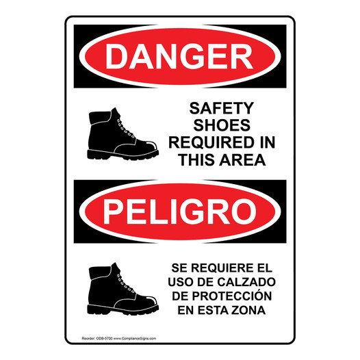 English + Spanish OSHA DANGER Safety Shoes Required Area Symbol Sign With Symbol ODB-5700