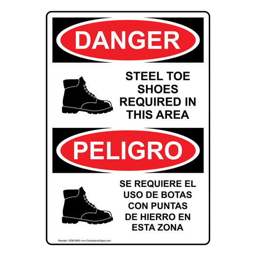 English + Spanish OSHA DANGER Steel Toe Shoes Required Area Sign With Symbol ODB-5885