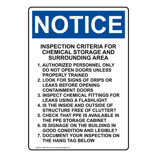 Portrait OSHA NOTICE Inspection Criteria For Chemical Sign ONEP-36140