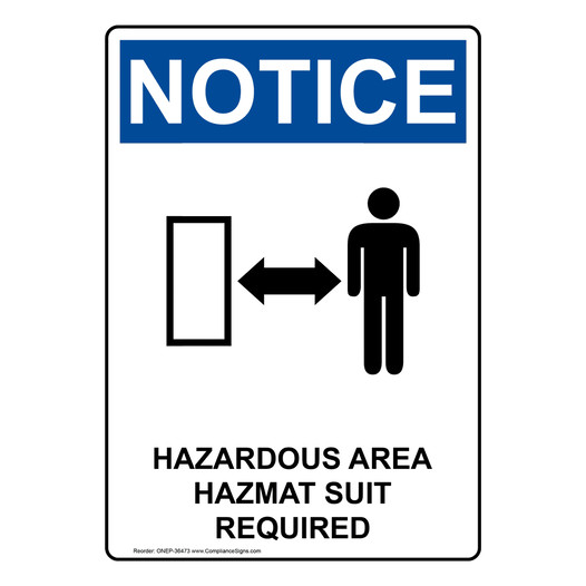 Portrait OSHA NOTICE Hazardous Area Hazmat Suit Required Sign With Symbol ONEP-36473