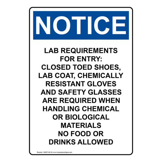 Portrait OSHA NOTICE Lab Requirements For Entry: Closed Sign ONEP-36142