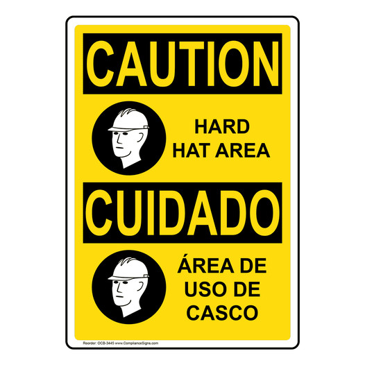 English + Spanish OSHA CAUTION Hard Hat Area Sign With Symbol OCB-3445