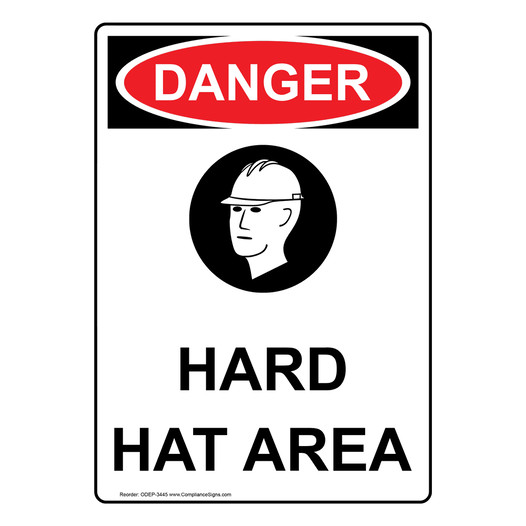 Portrait OSHA DANGER Hard Hat Area Sign With Symbol ODEP-3445