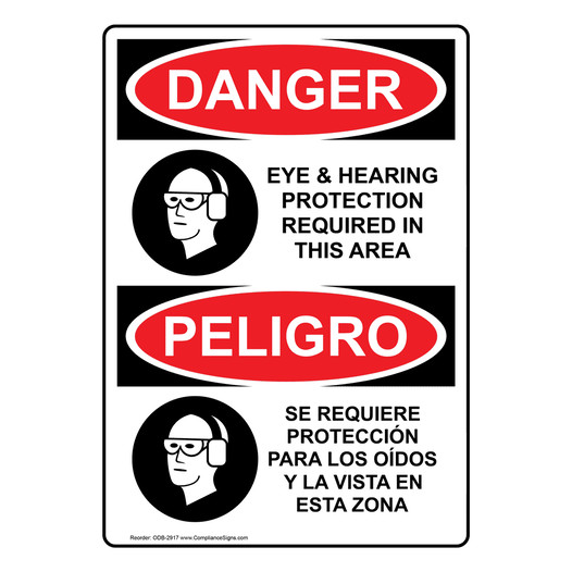 English + Spanish OSHA DANGER Eye & Hearing Protection Required Sign With Symbol ODB-2917