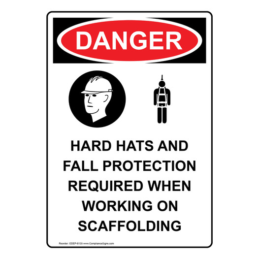 Portrait OSHA DANGER Hard Hats And Fall Sign With Symbol ODEP-8135