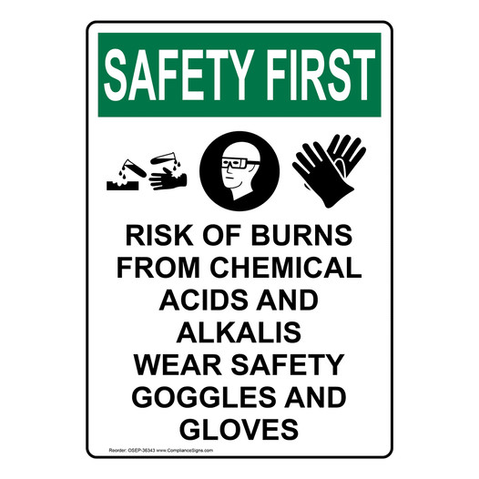 Portrait OSHA SAFETY FIRST Risk Of Burns From Sign With Symbol OSEP-36343