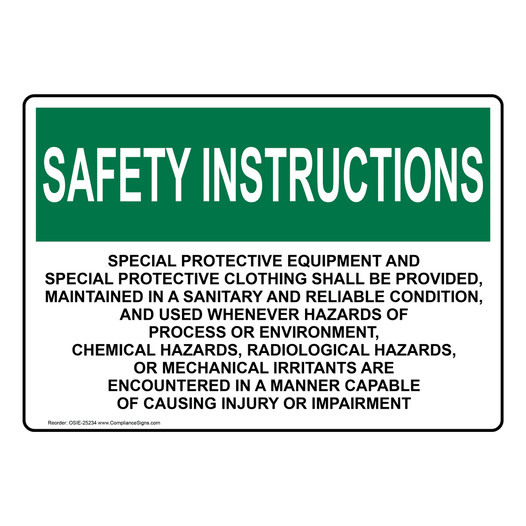 OSHA SAFETY INSTRUCTIONS Special Protective Equipment And Special Sign OSIE-25234