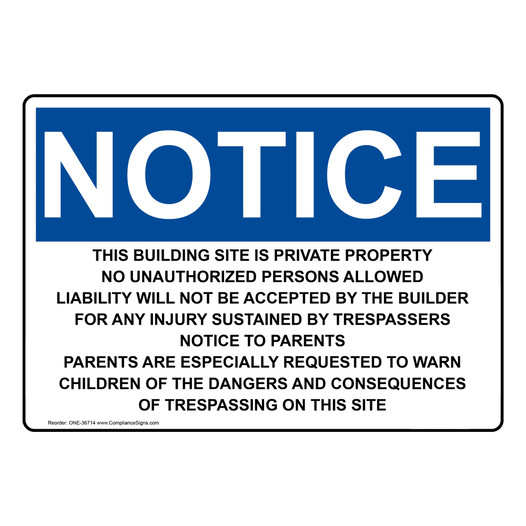 OSHA NOTICE Warning To The Public This Building Site Sign ONE-36714