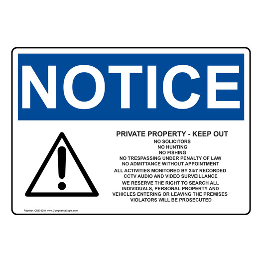 OSHA NOTICE Private Property Keep Out No Solicitors Sign With Symbol ONE-8381