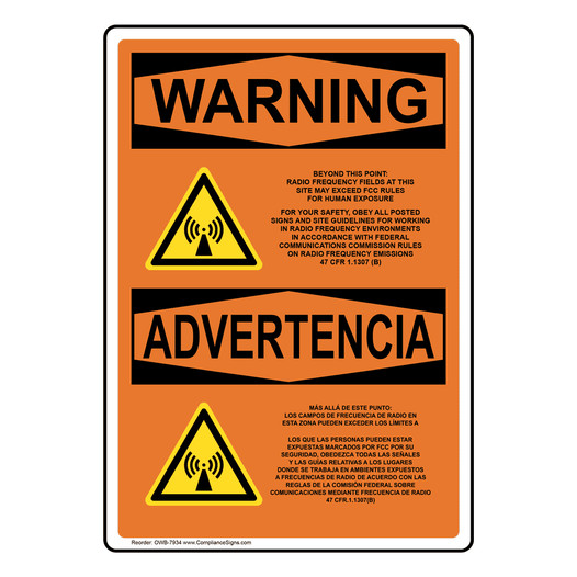 English + Spanish OSHA WARNING Beyond This Point Radio Frequency Sign With Symbol OWB-7934