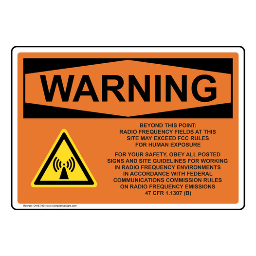 OSHA WARNING Beyond This Point Radio Frequency Fields Sign With Symbol OWE-7934