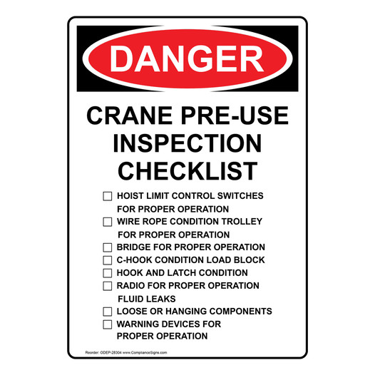 Portrait OSHA DANGER Crane Pre-Use Inspection Sign ODEP-28304