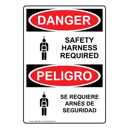 English + Spanish OSHA DANGER Safety Harness Required Symbol Sign With Symbol ODB-5675