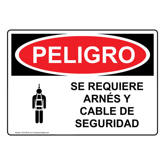 Spanish OSHA DANGER Safety Harness & Lifeline Required Sign With Symbol - ODS-5670